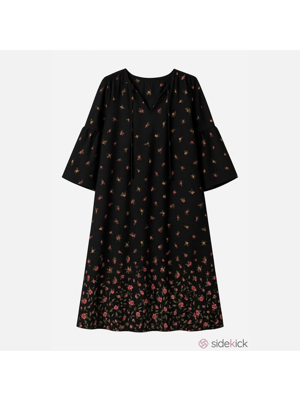 Old Navy Black Floral Shift Dress 3/4 Bell Sleeve Tie Neck Boho Mini Large